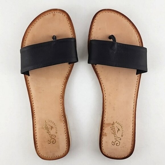 Seychelles Weekenders City Slicker Black Tan Leather Flat Thong Sandal Size 8 - Picture 4 of 12